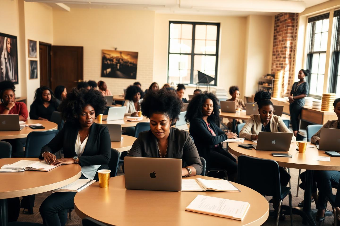 Black women entrepreneurs seated at tables during a full-day business intensive in the Bronx